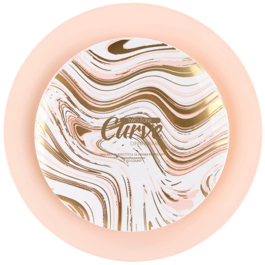 Curve Dinnerware Combo 7.5″ & 10″ Plates White/Gold/Pink - 32 Count - The Closeout Connection