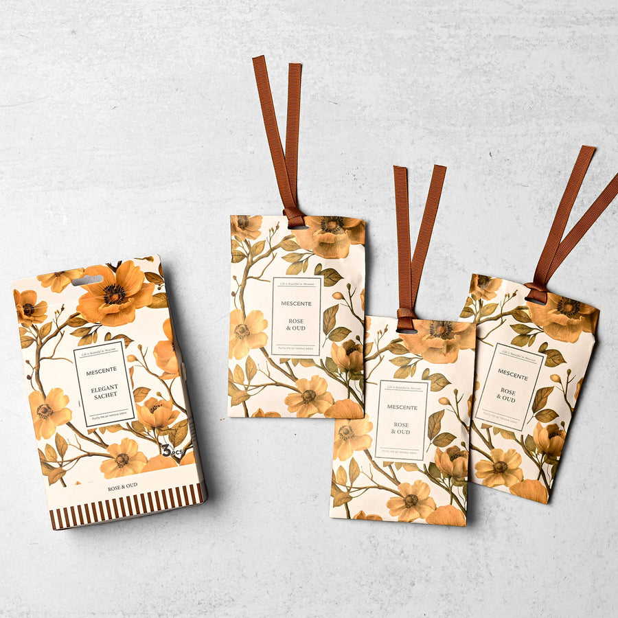 Mescente Rose and Oud elegant scented sachet 3 pack with box