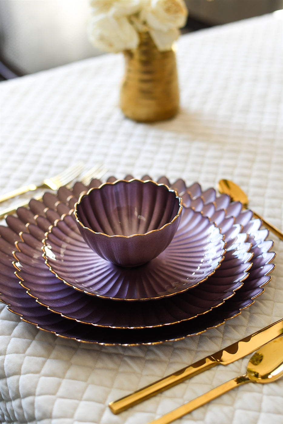 Purple and Gold Rim Glass Dinner Plate