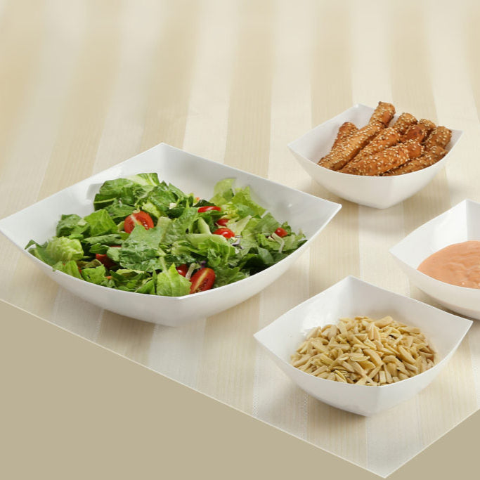 Fancy Square White Plastic Serving Bowls- 4 Count