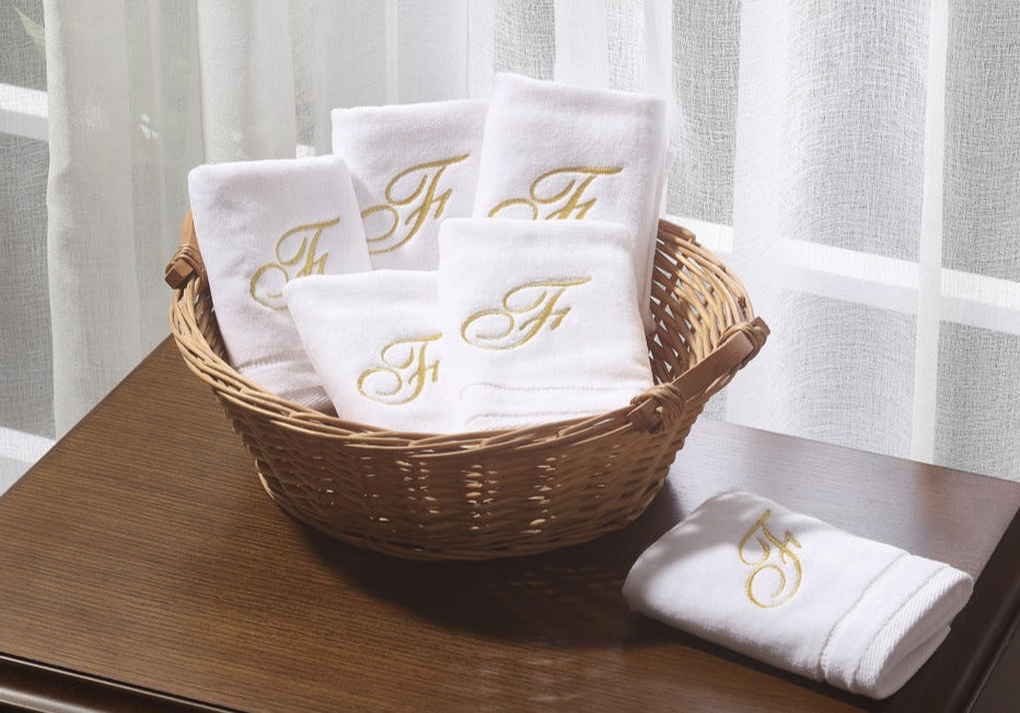 Six Monogrammed Fingertip Towel Set White and Gold