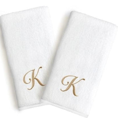 Six Monogrammed Fingertip Towel Set White and Gold - The Closeout Connection