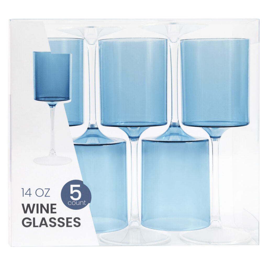Two Tone Wine Glass 14oz Blue/Clear- 5 Count