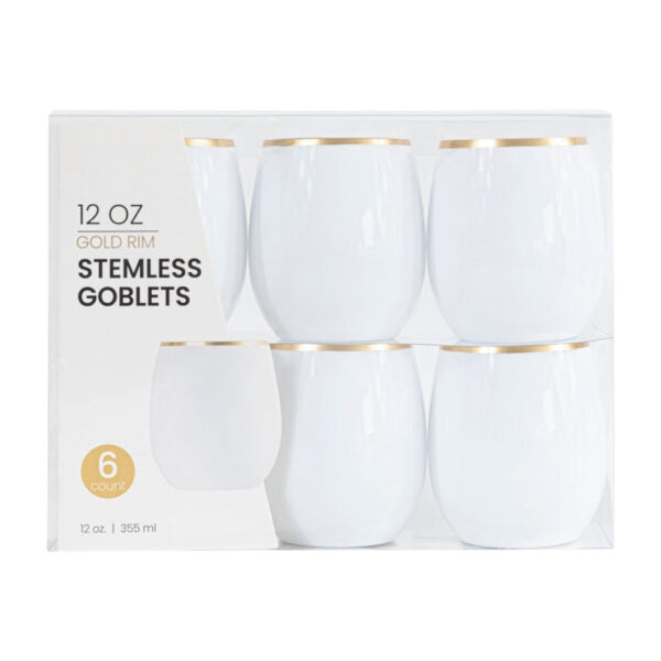 White/Gold Rim Stemless Goblets - 6 Count - The Closeout Connection