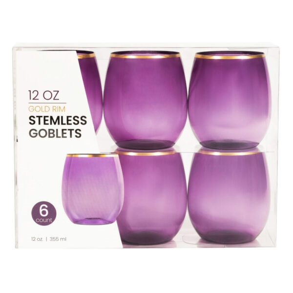 12oz Purple/Gold Rim Stemless Goblets - 6 Count