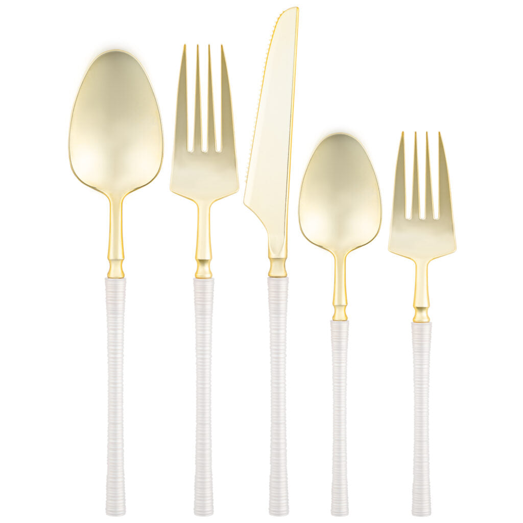 Ribbed Flatware Pearl/Gold- 25 Count - The Closeout Connection