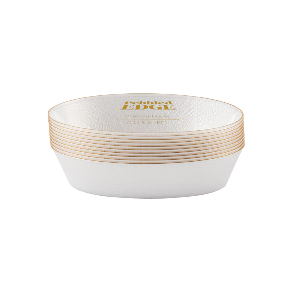 Edge Pebbled 7 oz Bowls Pearl/Gold Rim - 10 Count