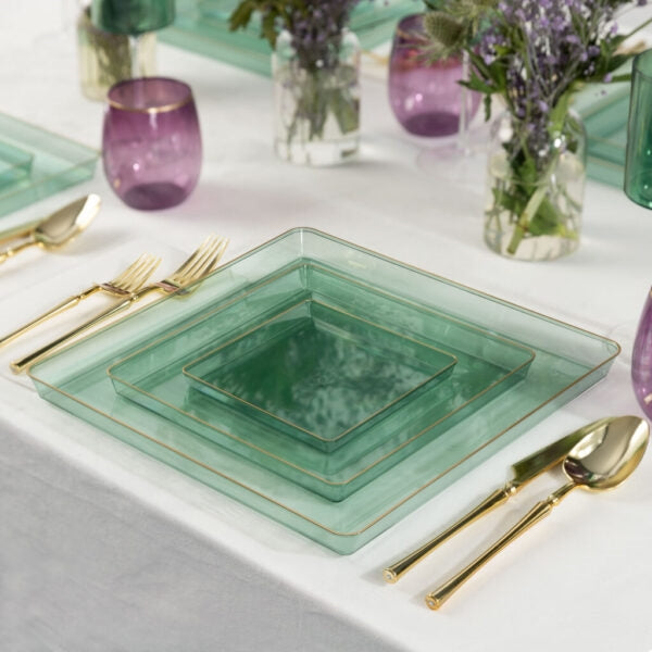 Square Edge Plates Green Transparent/Gold Rim
