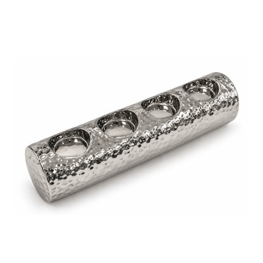 Hammered Barrel Quad T-light Holder – Titanium Silver, 9.8 x 2.6 x 2.4"
