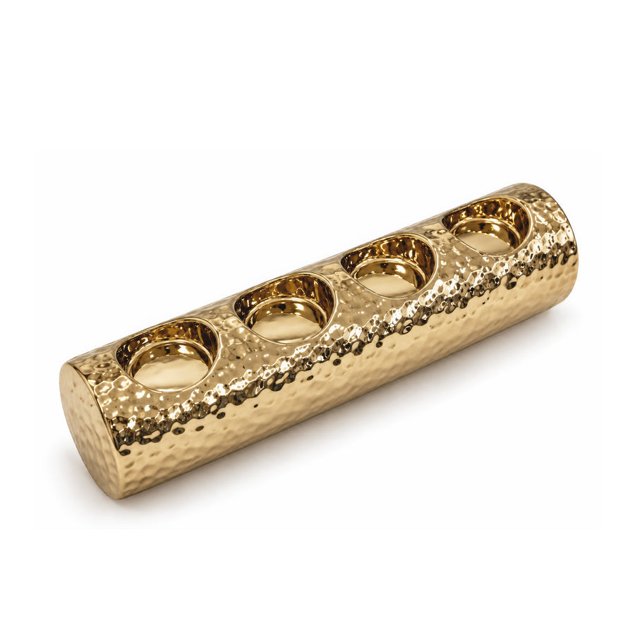 Hammered Barrel Quad T-light Holder – Titanium Gold, 9.8 x 2.6 x 2.4"