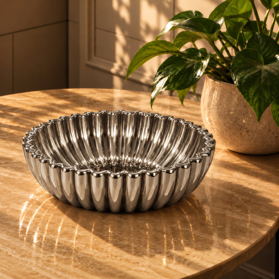 Ribbed Sunflower Decorative Bowl – Titanium Silver, 12.0 x 12.0 x 3.3"