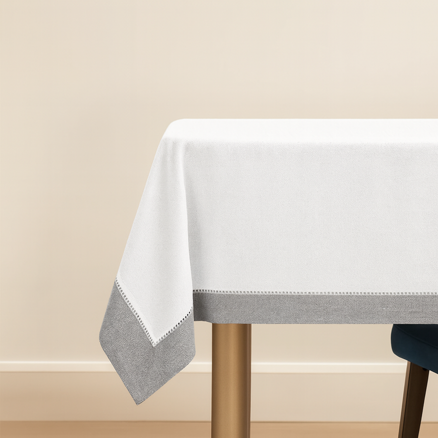 Linen-Like White with Silver Border Tablecloth - The Closeout Connection