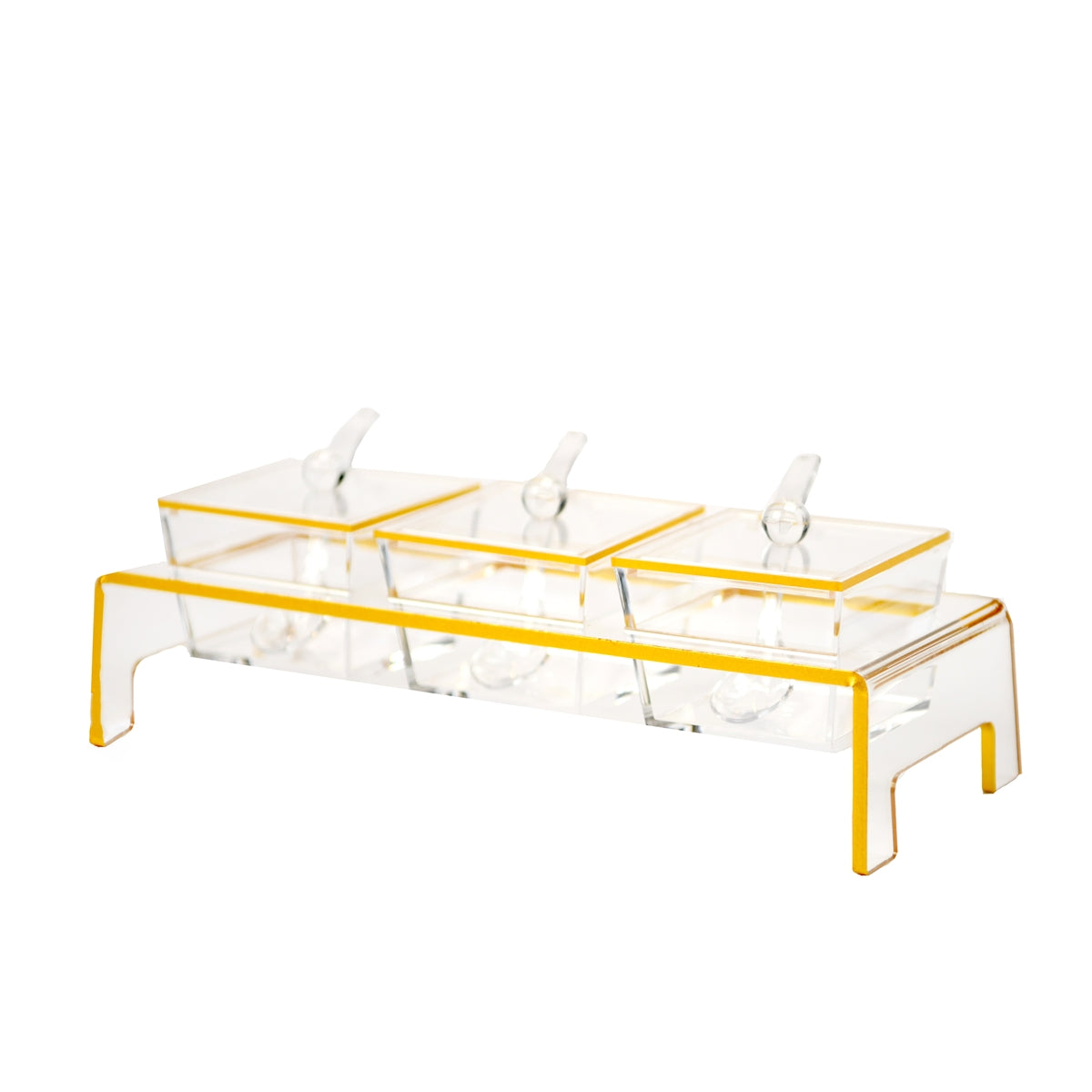 Lucite Gold Trim Serving Tray in Stand with Lids & Spoons - 10 Piece