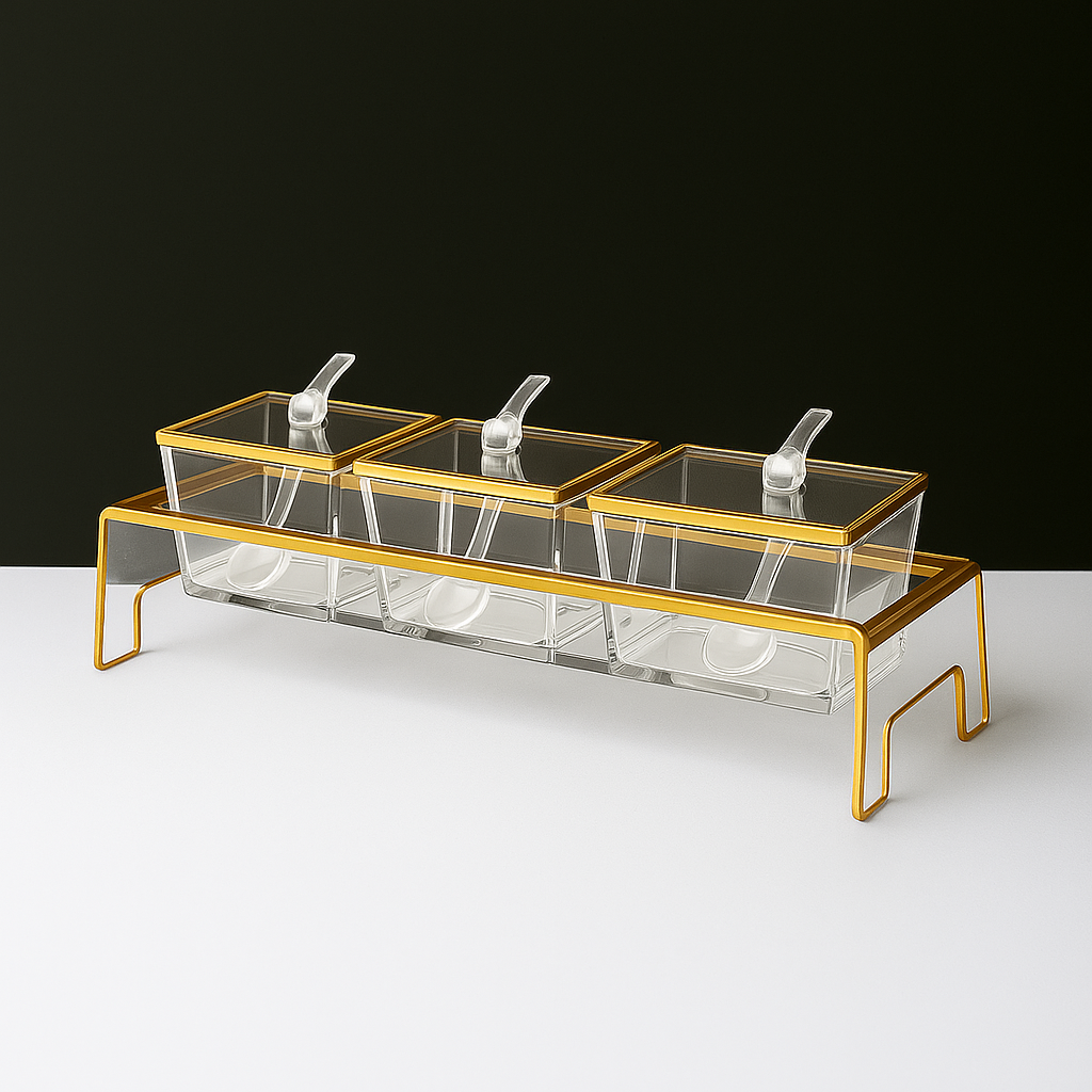 Lucite Gold Trim Serving Tray in Stand with Lids & Spoons - 10 Piece