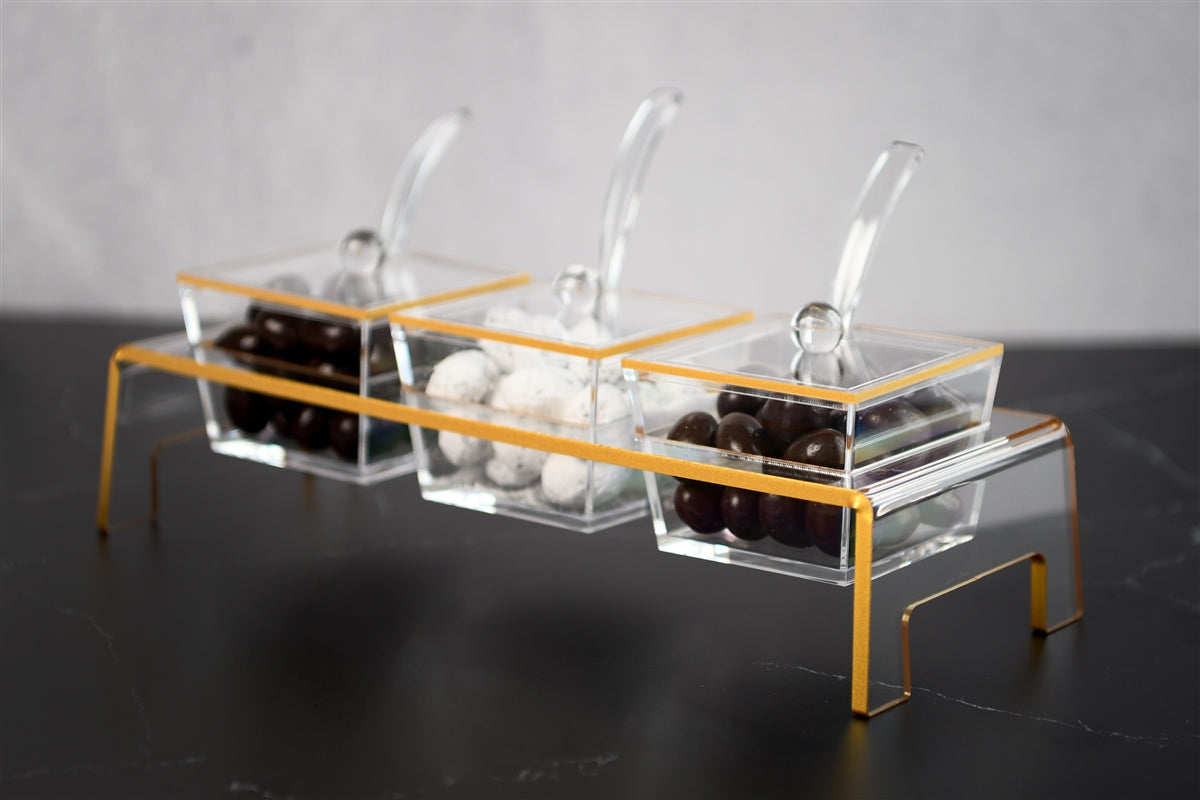 Lucite Gold Trim Serving Tray in Stand with Lids & Spoons - 10 Piece