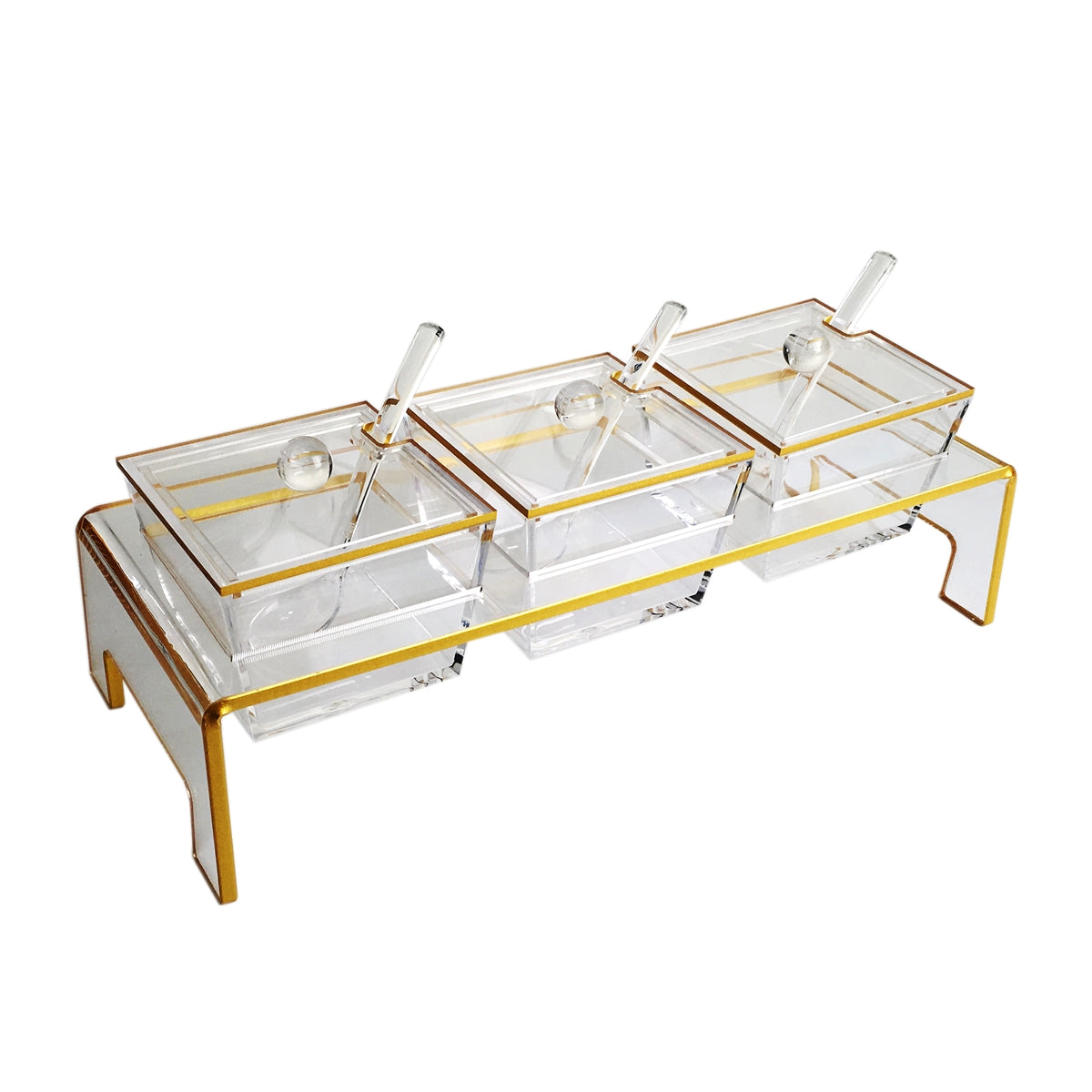 Lucite Gold Trim Serving Tray in Stand with Lids & Spoons - 10 Piece