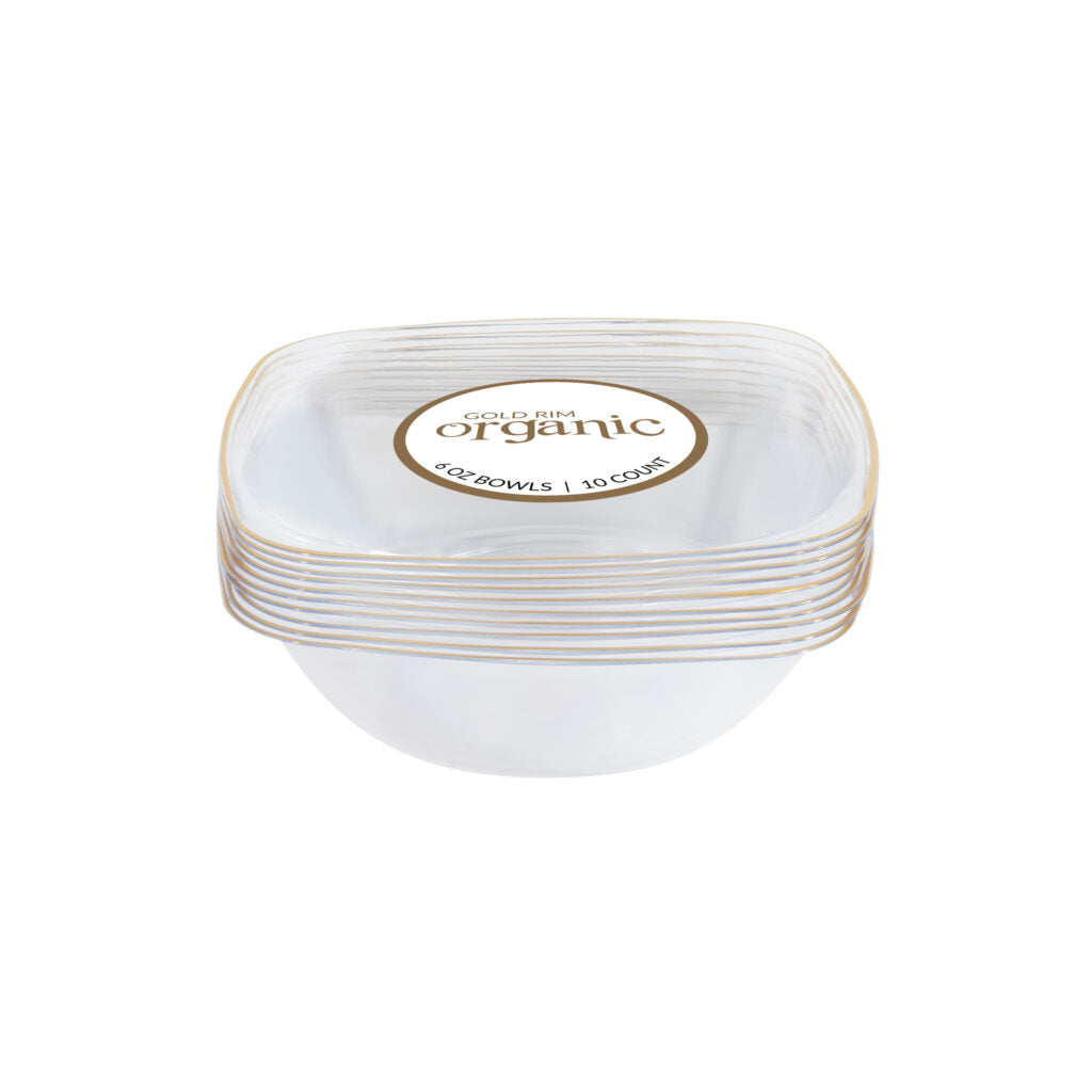 Clear 6oz Organic Square Bowls with Gold Rim - 10 Count