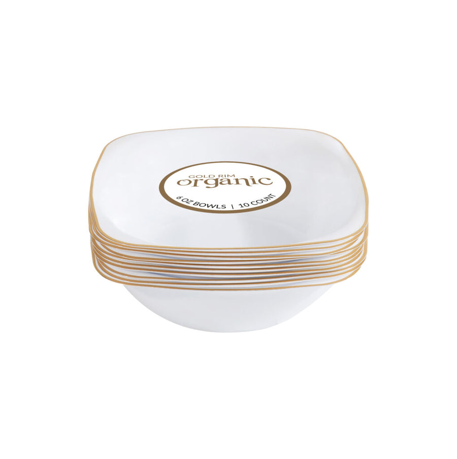 White 6oz Organic Square Bowls with Gold Rim - 10 Count - The Closeout Connection
