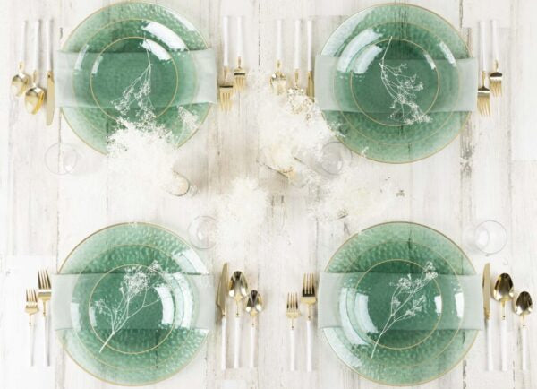 Organic Hammered Green Gold Rim Combo Plates - The Closeout Connection