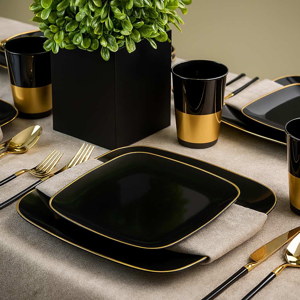 Organic Square Plates Collection Black/Gold Rim- 10 Count - The Closeout Connection