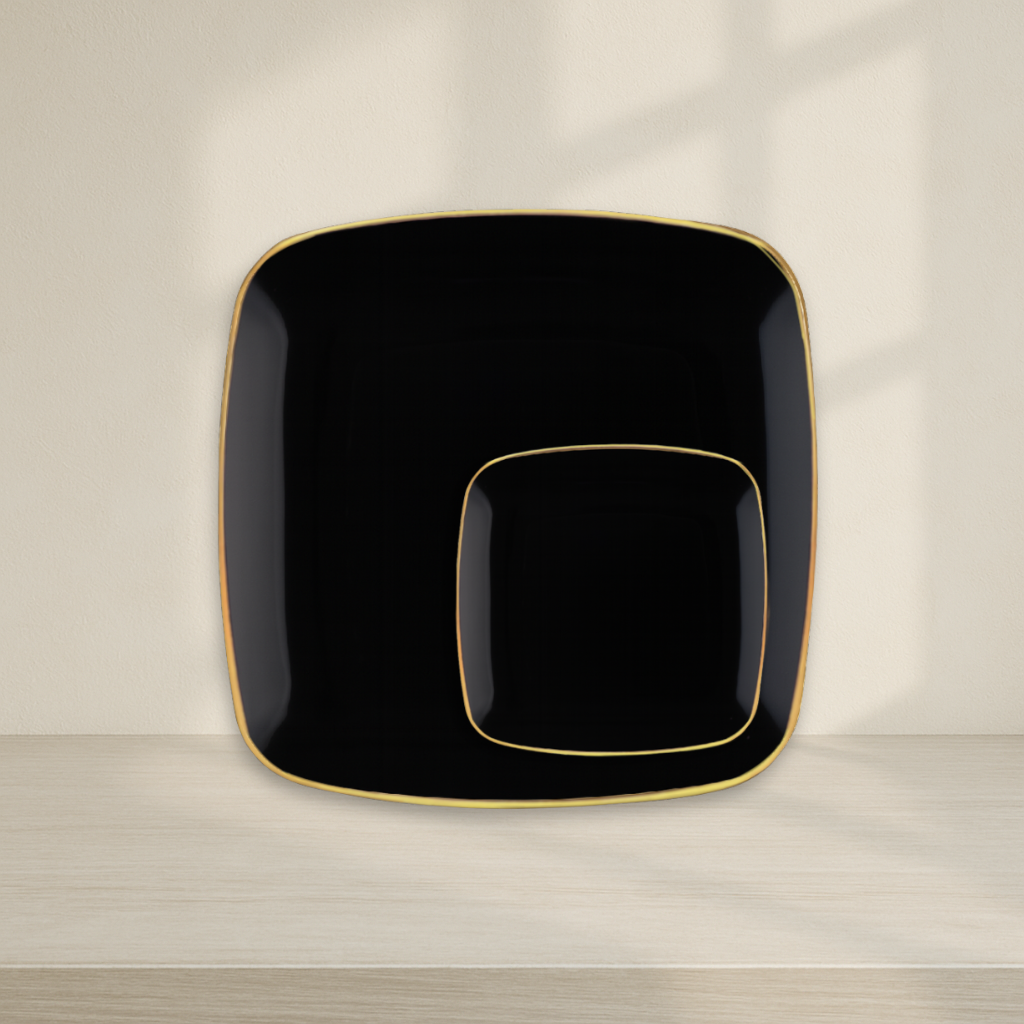 Organic Square Plates Collection Black/Gold Rim- 10 Count