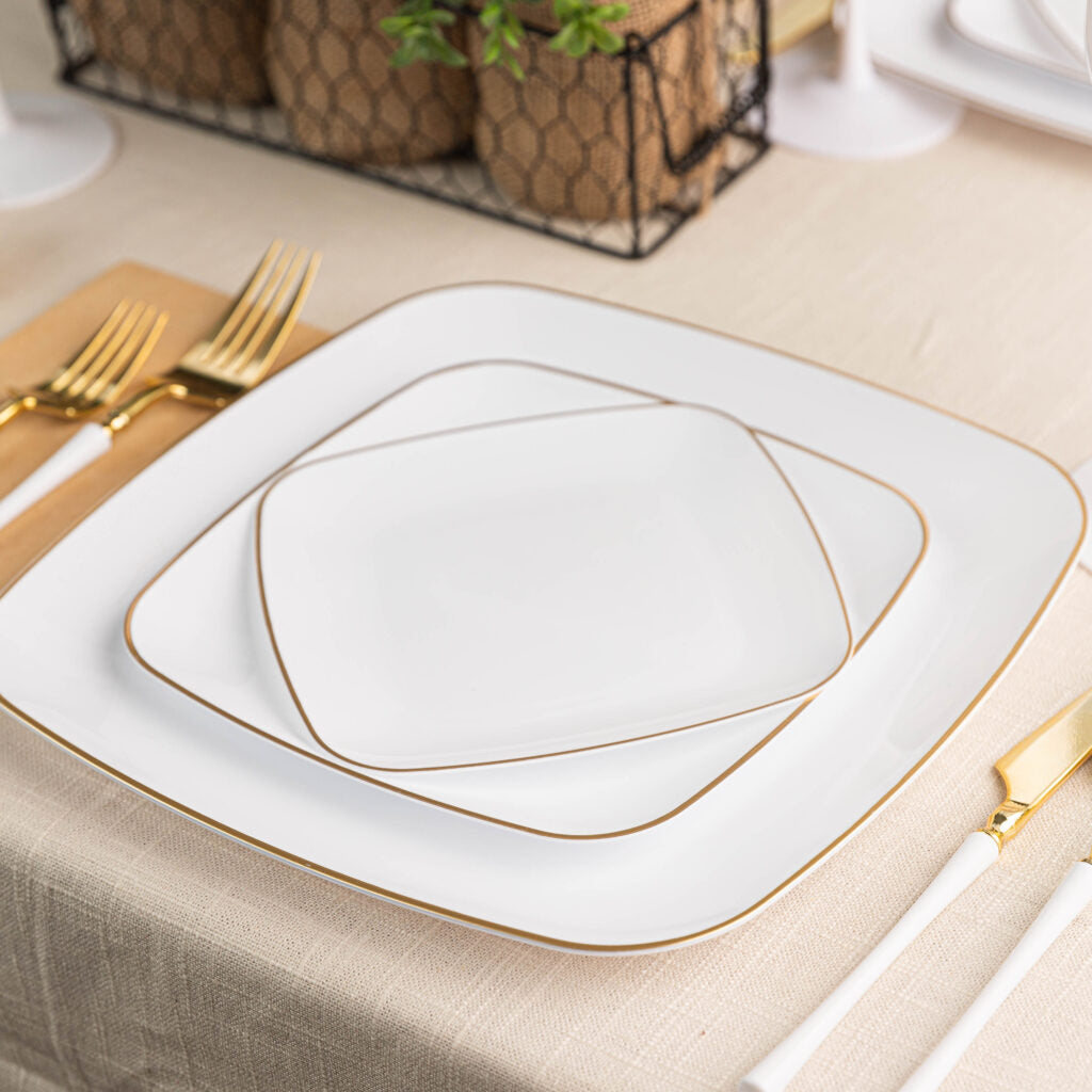 Organic Square Plates White/Gold Rim- 10 Count