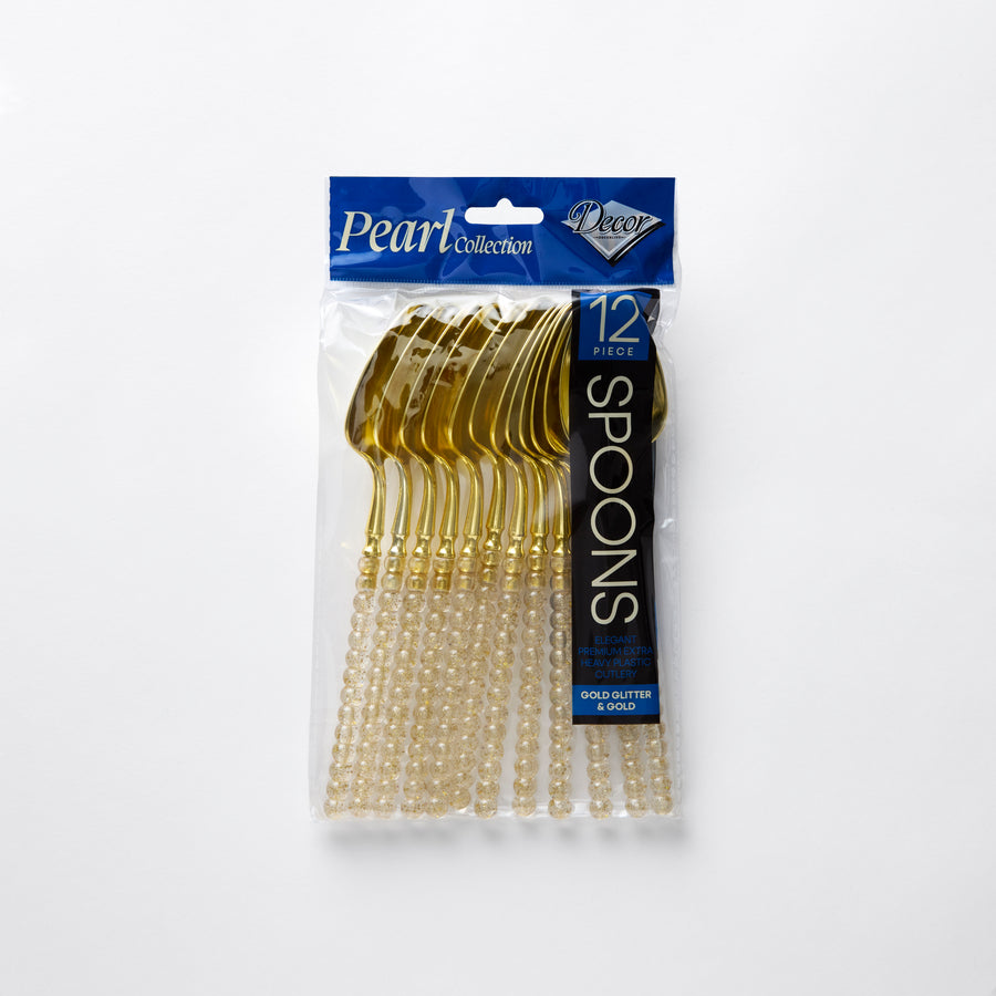 Decor Pearl Collection gold glitter and gold plastic spoons 12 pack
