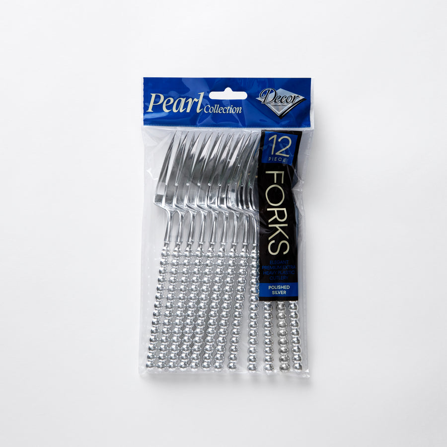 Decor Pearl Collection polished silver plastic forks 12 pack