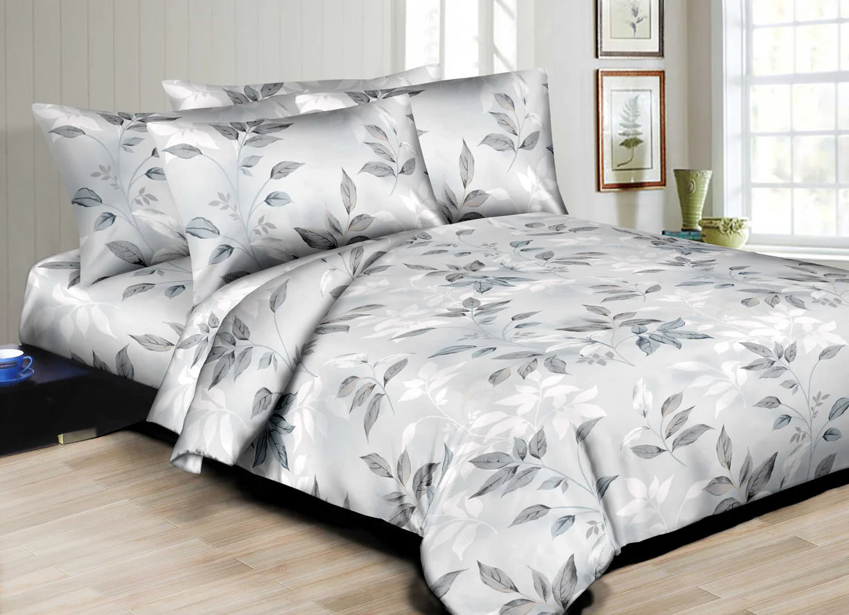 Superity Linen Painted Leaves 300TC Duvet Set Light Grey - The Closeout Connection