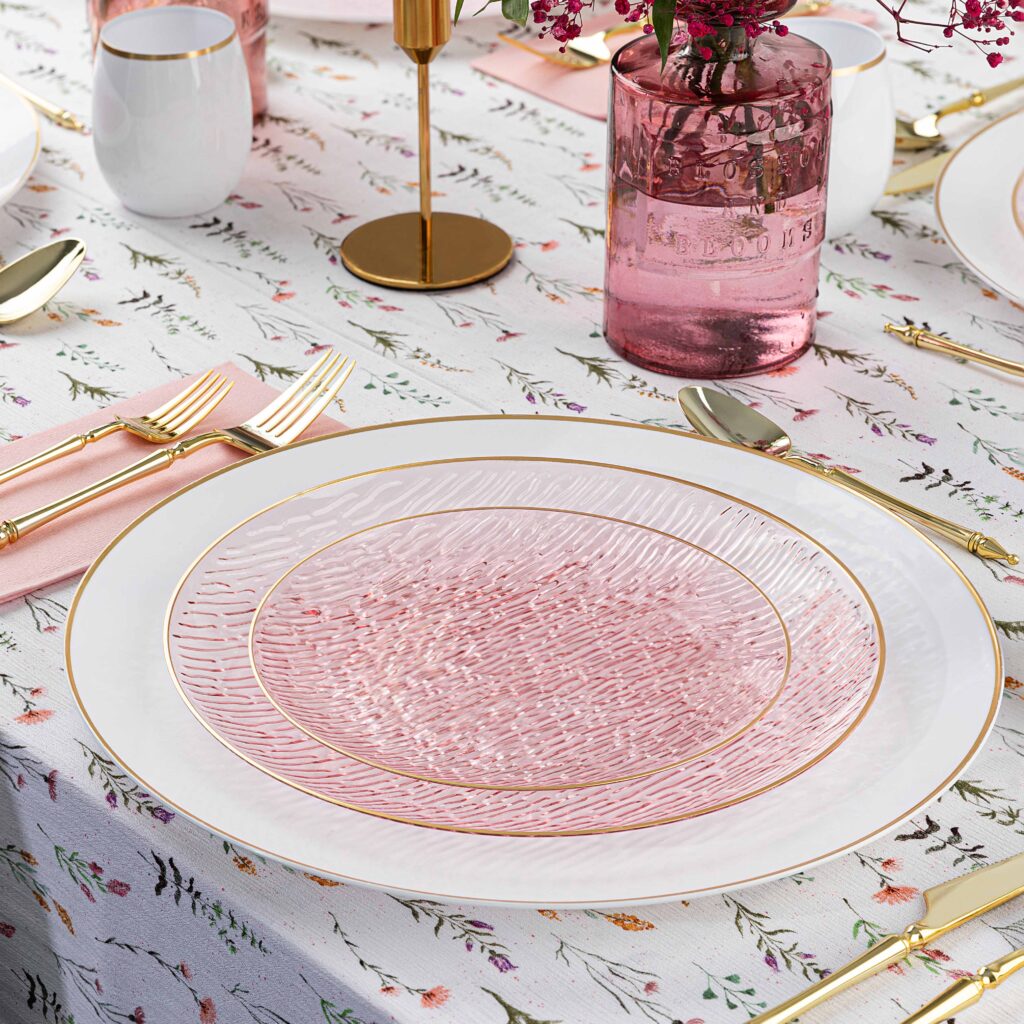 Icicles Plates Pink/Gold Rim 7″ & 10″ Combo Plates - 24 Count - The Closeout Connection