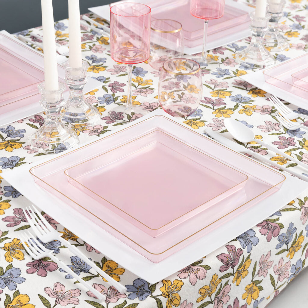 Square Plates Pink Transparent/Gold Rim - 10 Count