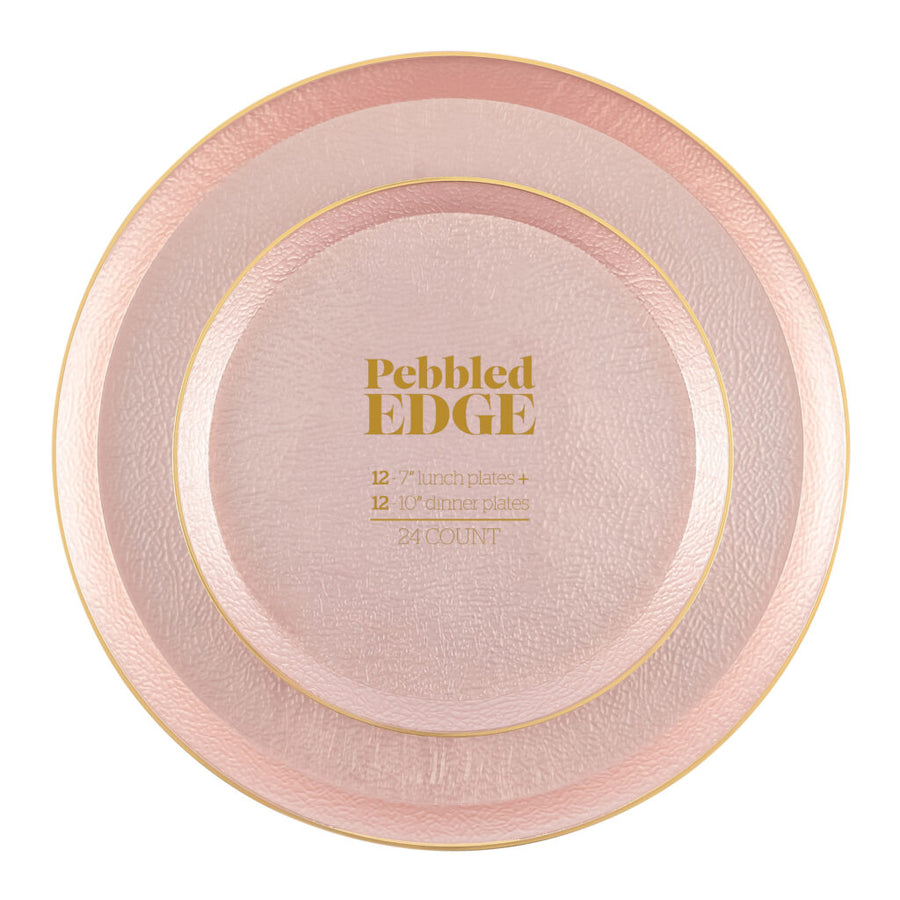 Edge Pebbled Combo Pink Pearl/Gold Rim 7″ & 10″ Plates- 24 Count - The Closeout Connection