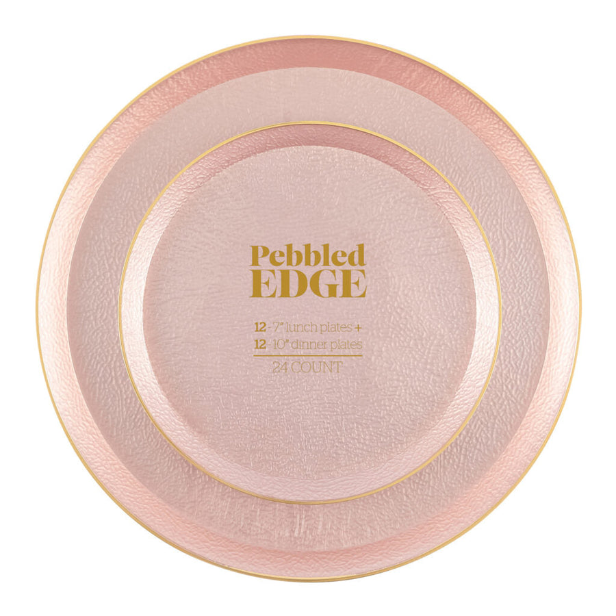 Edge Pebbled Combo Gold Rim 7″ & 10″ Plates - 24 Count - Pink Pearl