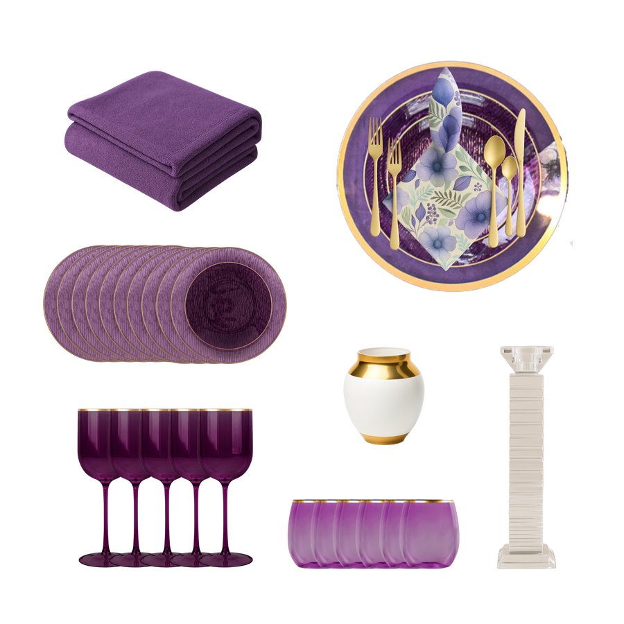 158 Piece Set - Purple Orchid Scape 10 Guests - The Closeout Connection