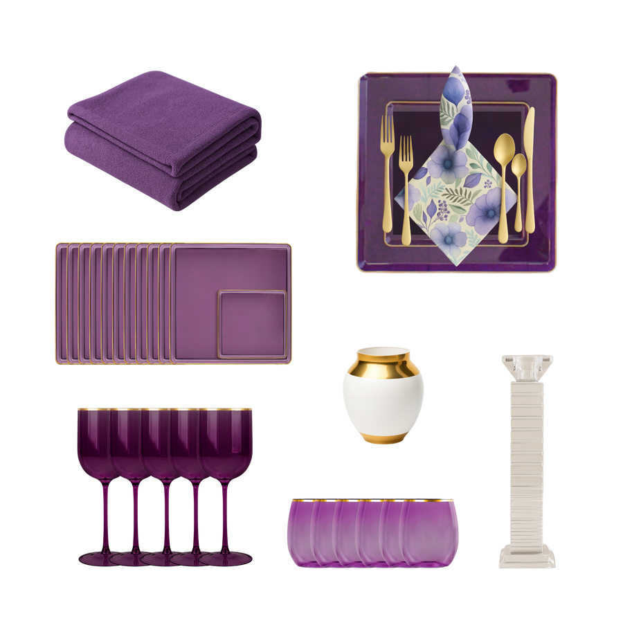 142 Piece Set - Purple Petal Scape 10 Guests - The Closeout Connection