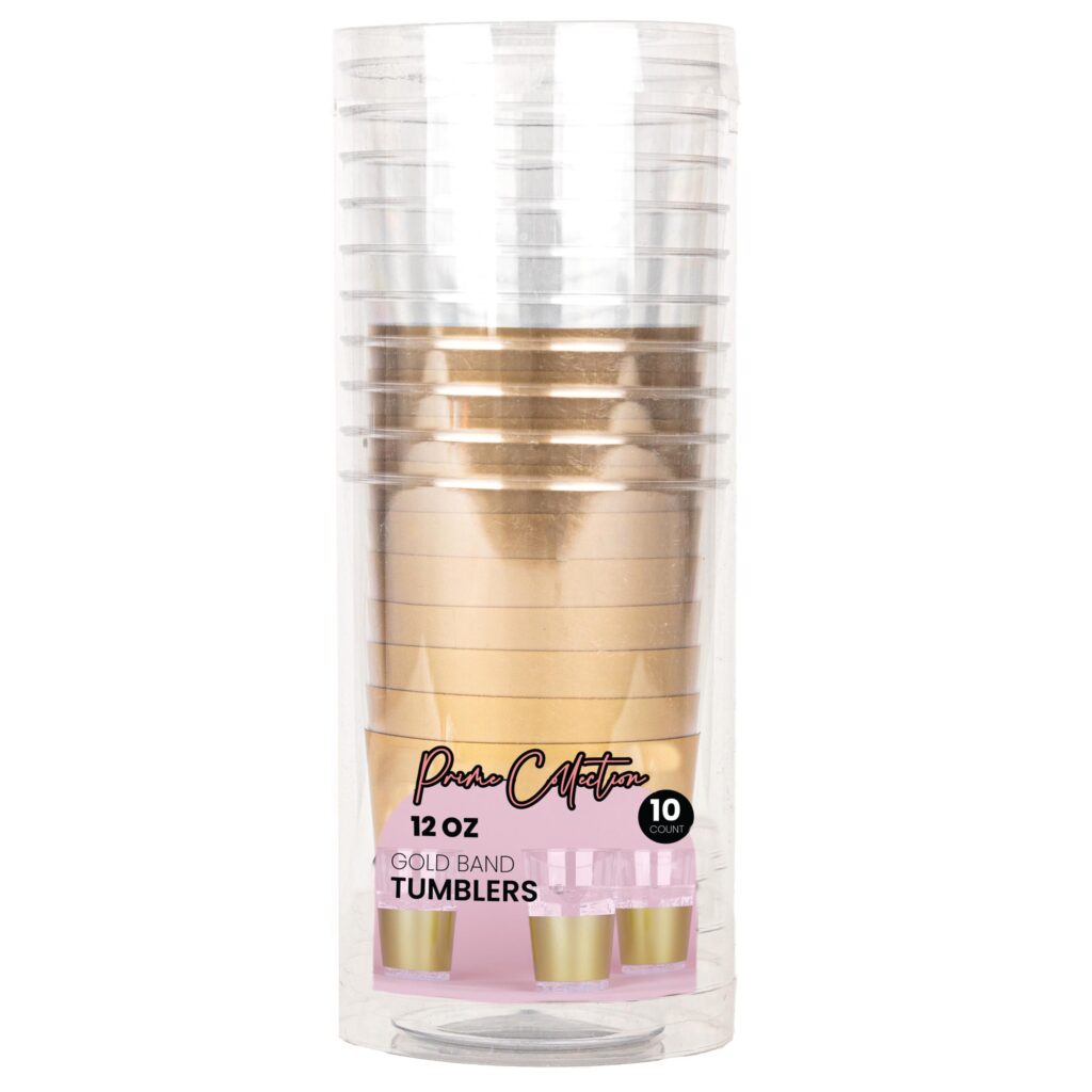 12oz Round Plastic Clear with Gold Band Tumblers