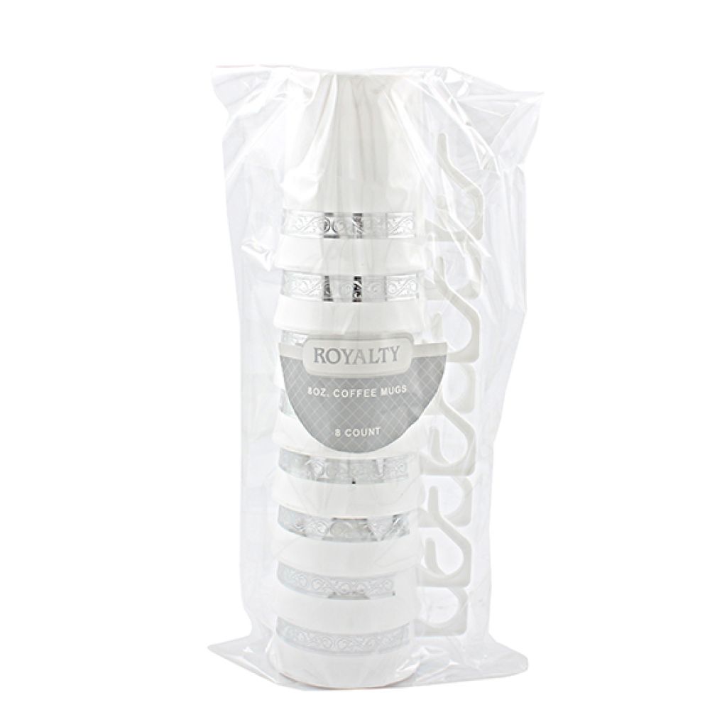 Royalty 8oz Coffee Mugs White/Silver - 8 Count - The Closeout Connection
