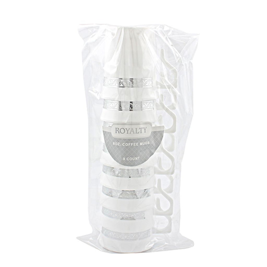 Royalty 8oz Coffee Mugs White/Silver - 8 Count - The Closeout Connection