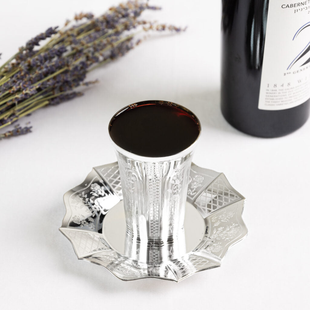 Diamond Silver Like Kiddush Cup & Plates - 10 CT