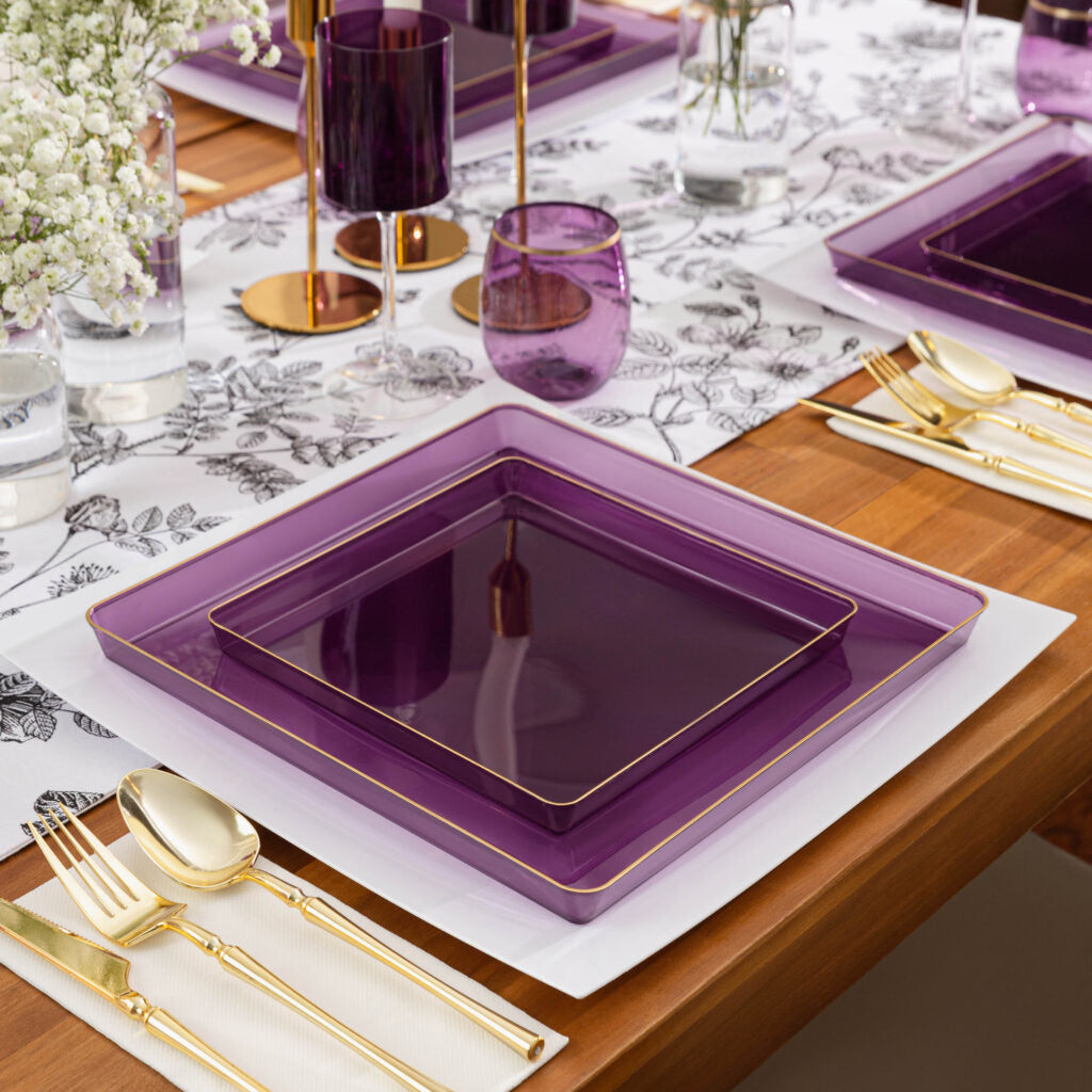 Square Plates Purple Transparent/Gold Rim - 10 Count