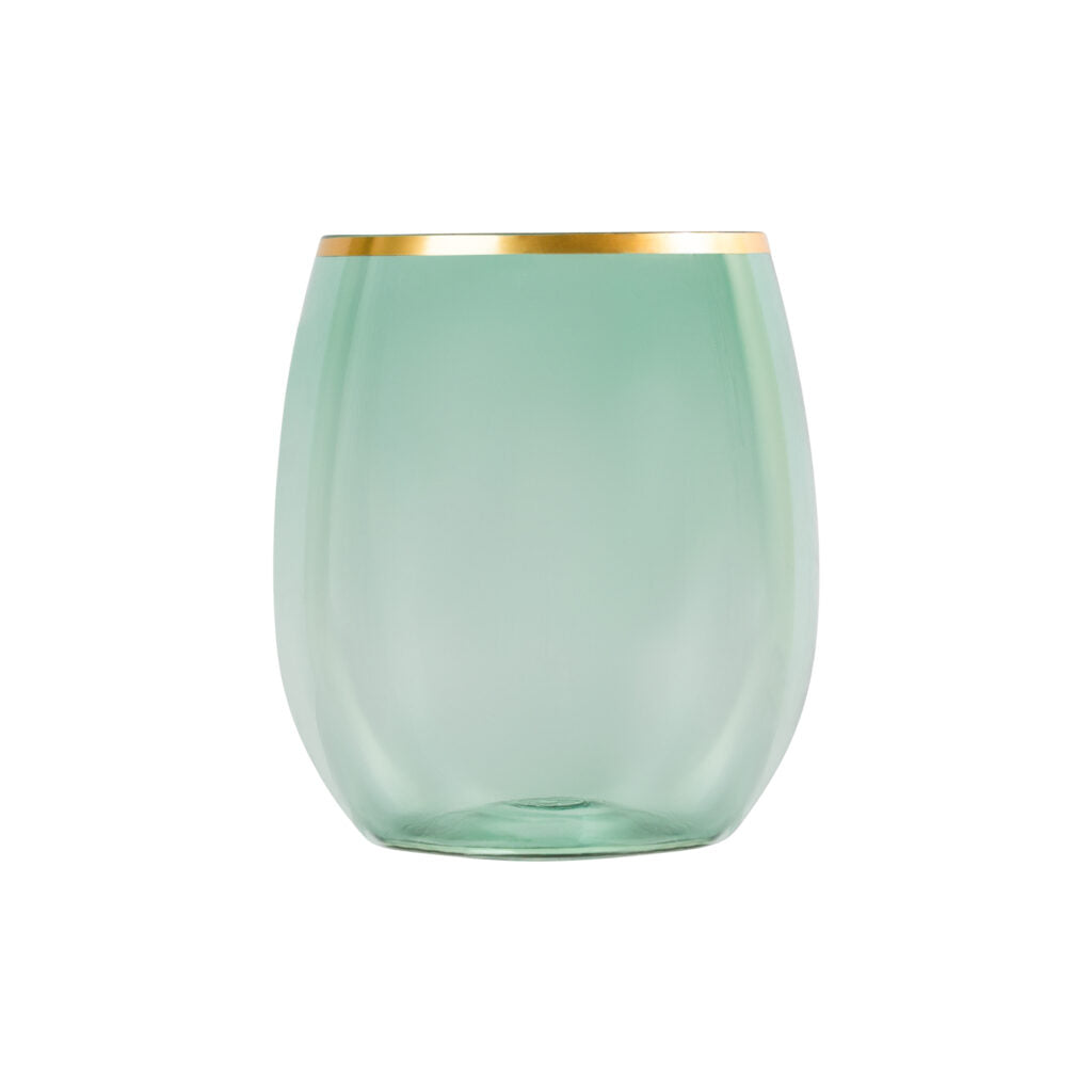 Green/Gold Rim Stemless Goblets- 6 Count