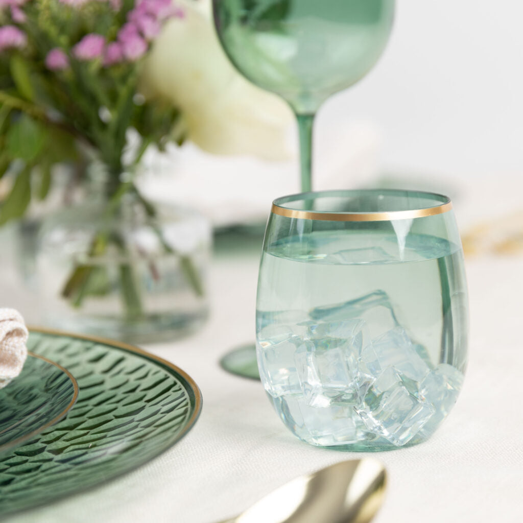 Green/Gold Rim Stemless Goblets- 6 Count