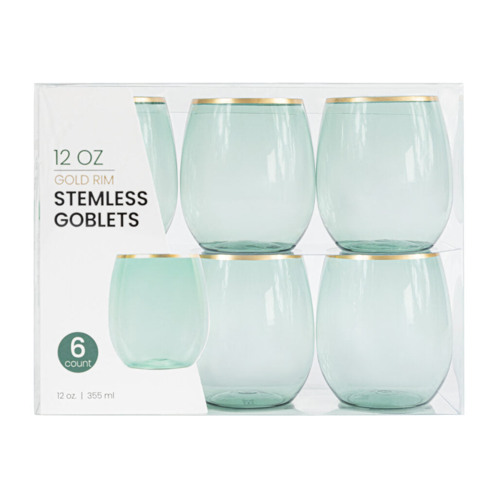 Green/Gold Rim Stemless Goblets- 6 Count