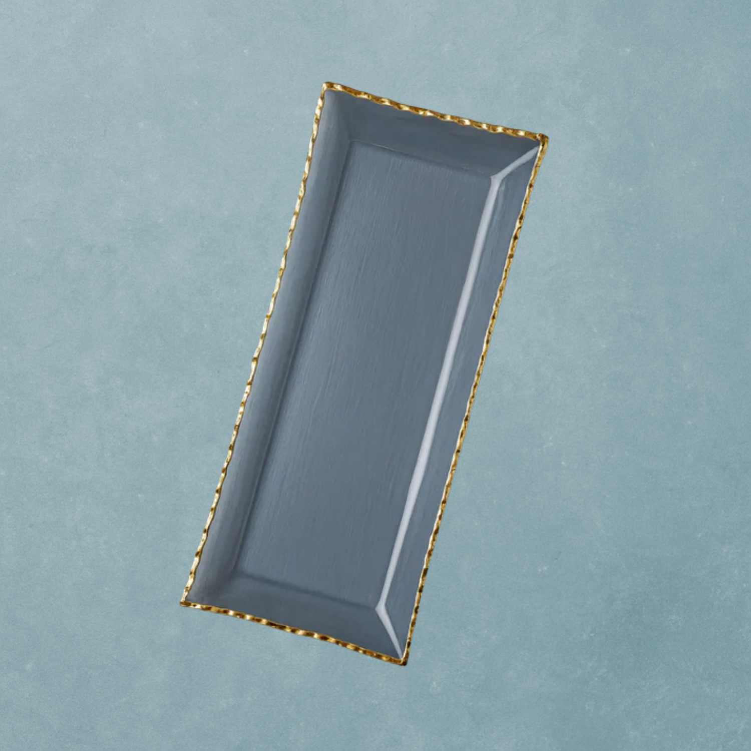 Blue Rectangular Glass Tray with Gold Rim