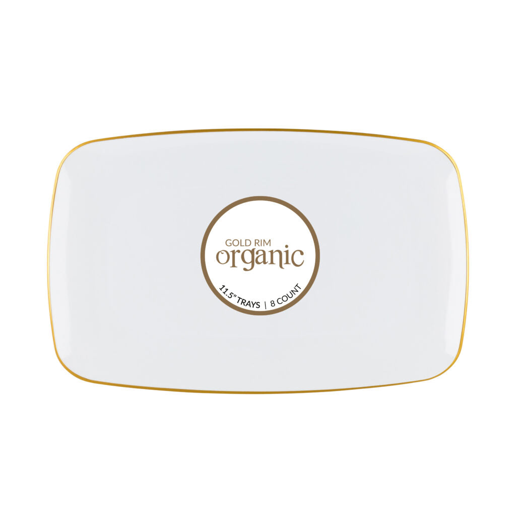 Organic Rectangle White/Gold Rim Tray 11.5" - 8 Count