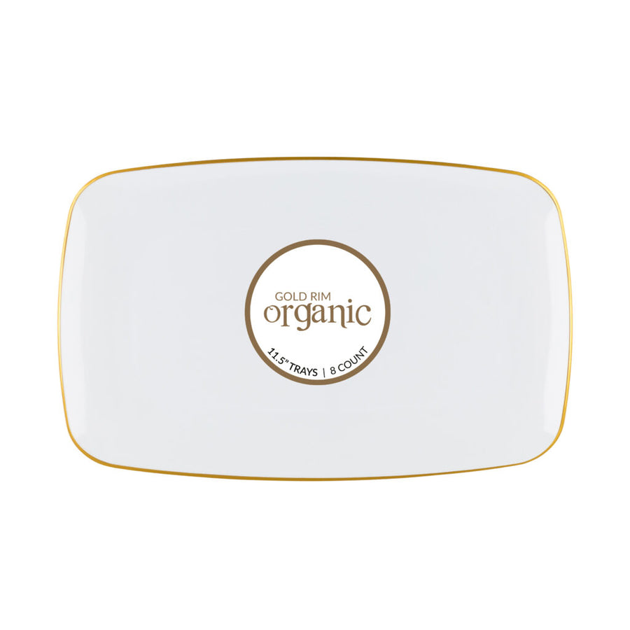 Organic Rectangle White/Gold Rim Tray 11.5" - 8 Count - The Closeout Connection