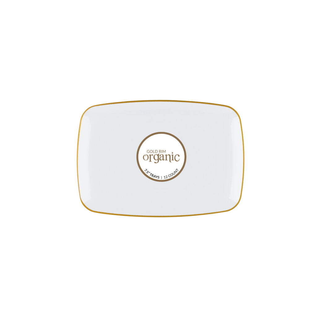 Organic Rectangle White/Gold Rim Tray 7.5" - 12 Count