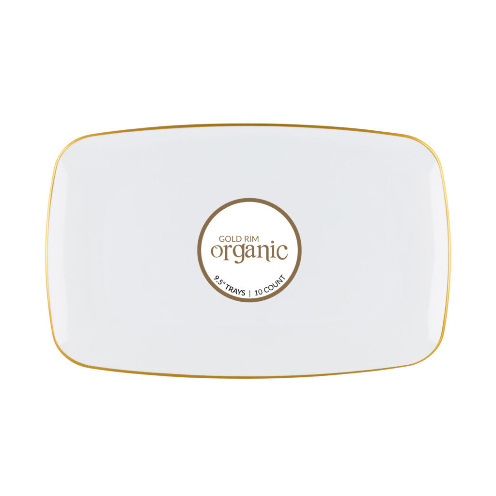 Organic Rectangle Tray White/Gold Rim 9.5" - 10 Count