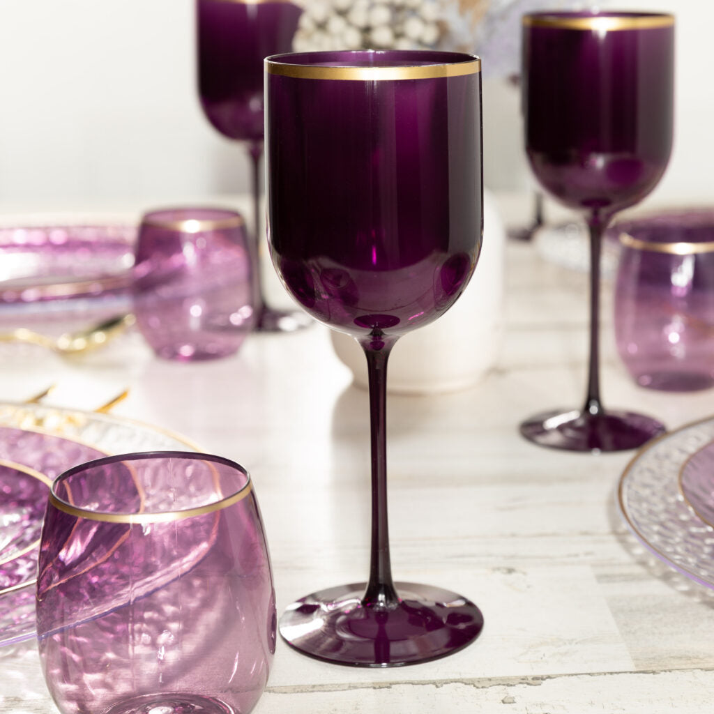 Wine Glasses Purple Gold Rim - 5 Count