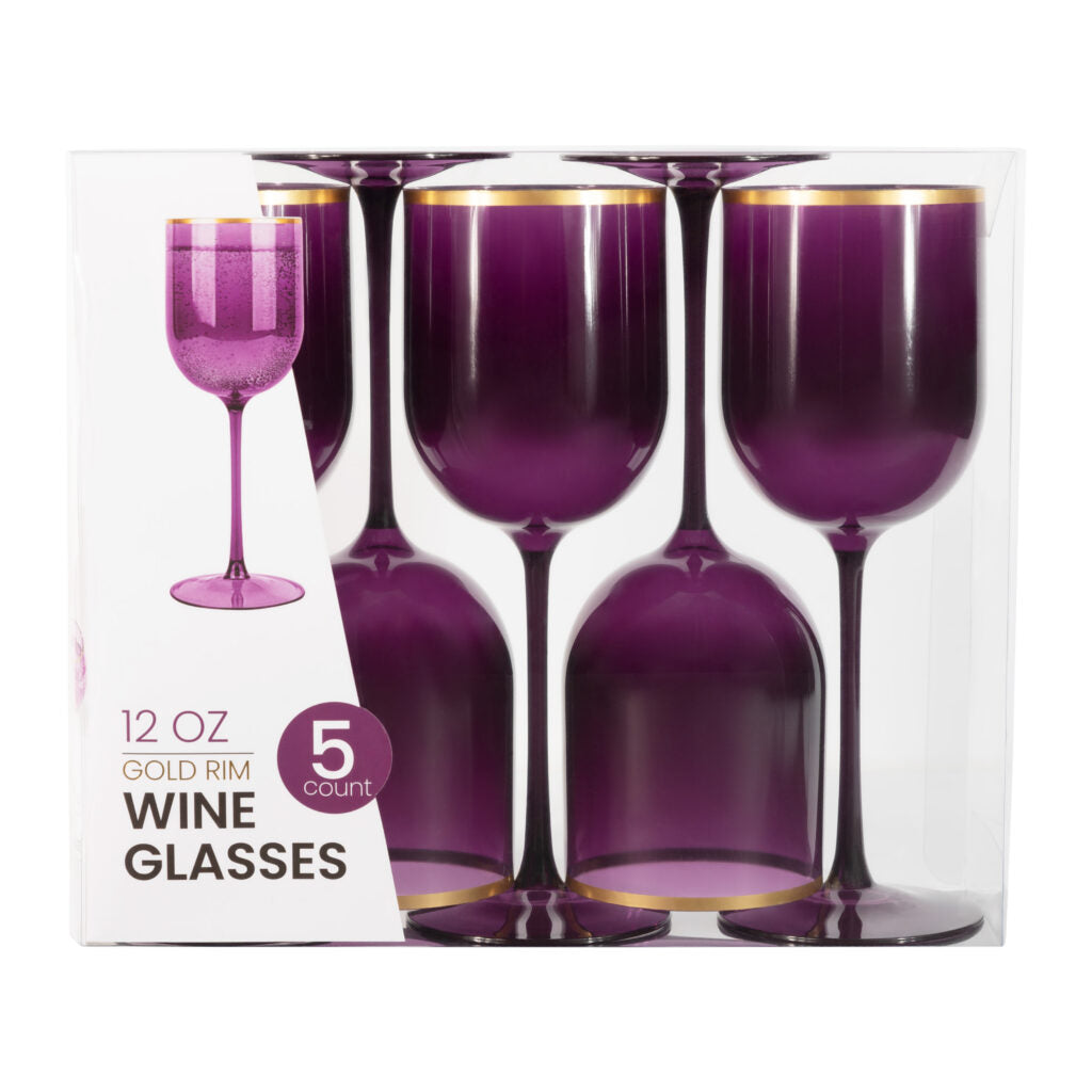 Wine Glasses Purple Gold Rim - 5 Count